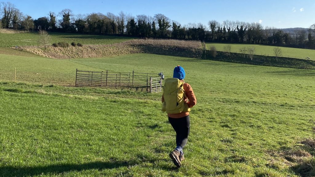 An image of a single person walking through a green field wearing a bright coloured rucksack. With trees and blue sky in the background, leading a group walk.