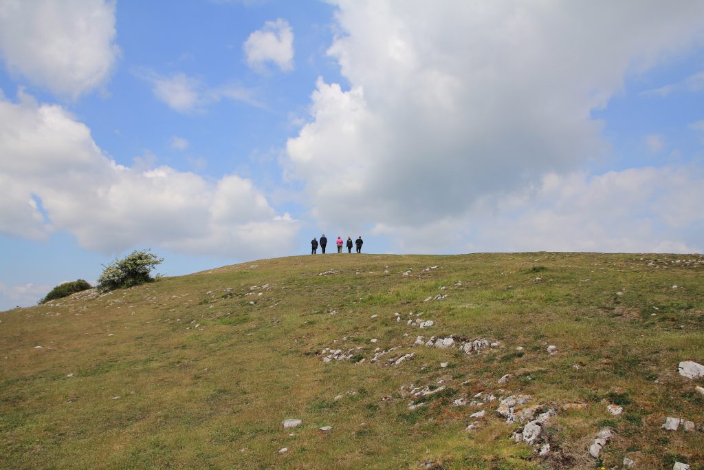 a group in the distance on top of a hill with blue skies